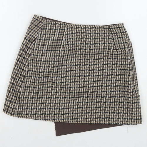 H&M Womens Brown Check Polyester A-Line Skirt Size 6 Button