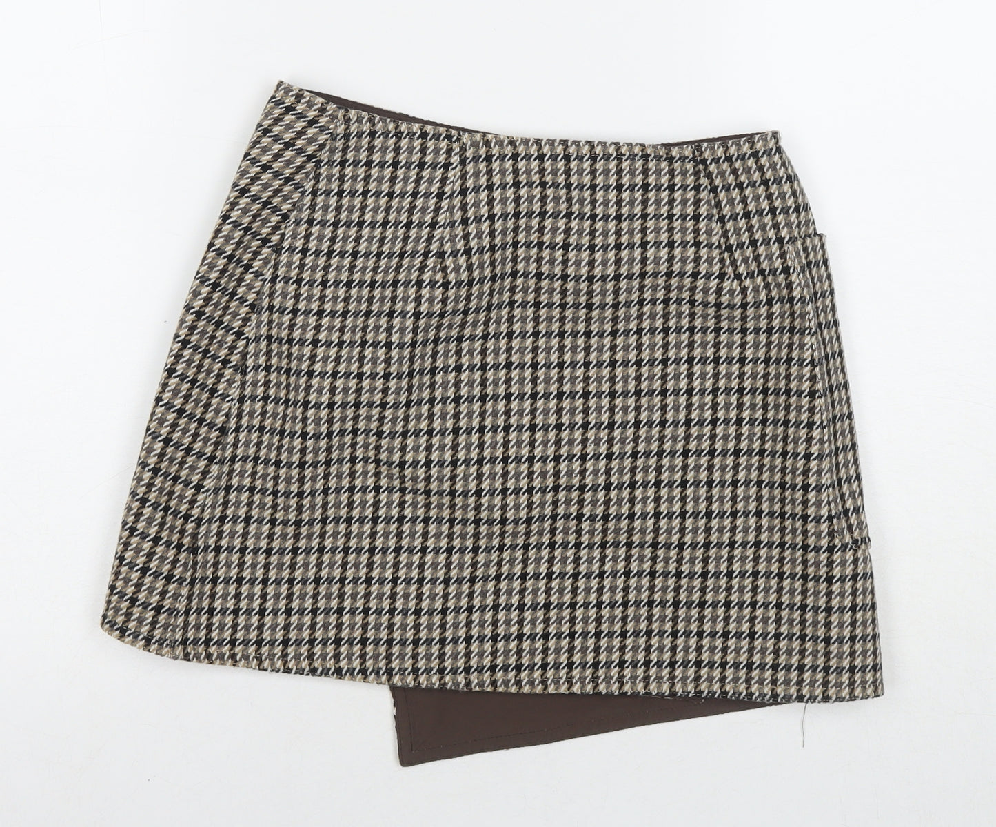 H&M Womens Brown Check Polyester A-Line Skirt Size 6 Button