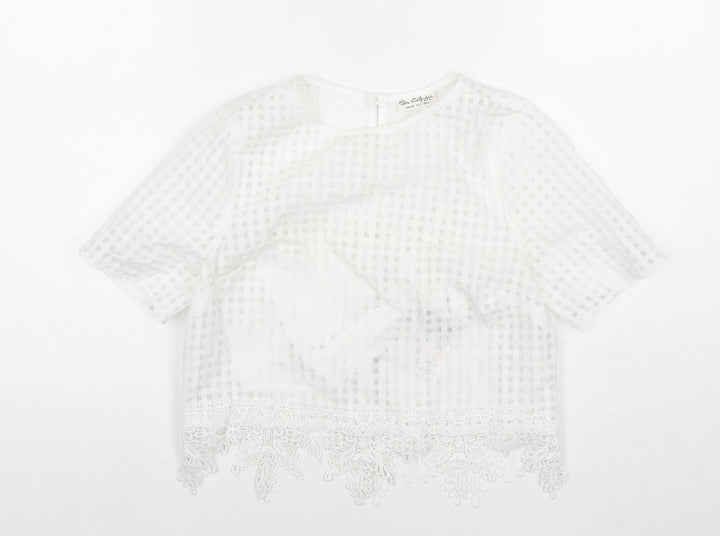 Miss Selfridge Womens White Check Polyester Basic Blouse Size 6 Round Neck