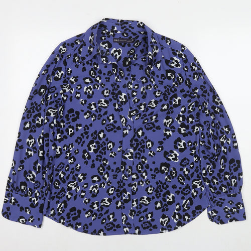 Marks and Spencer Womens Purple Animal Print Polyester Basic Button-Up Size 10 Collared