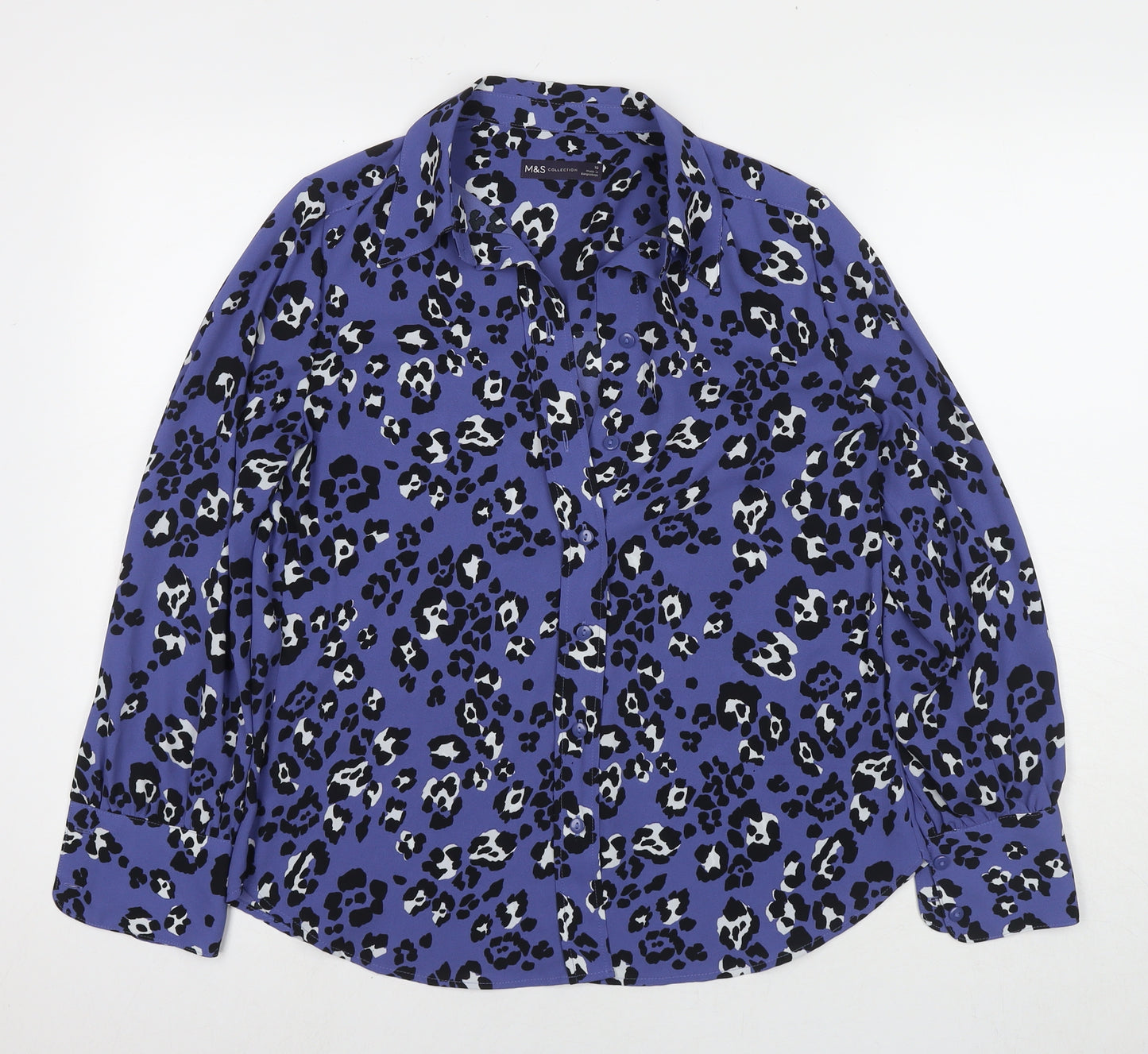 Marks and Spencer Womens Purple Animal Print Polyester Basic Button-Up Size 10 Collared