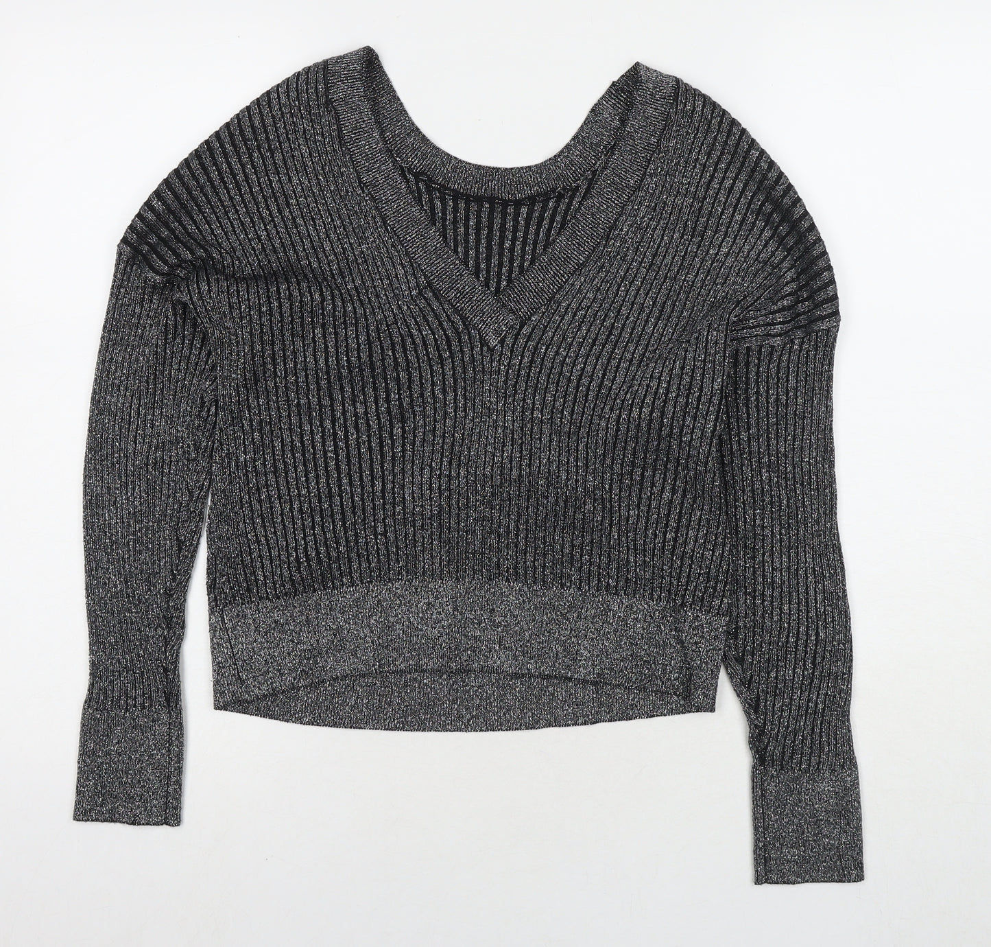 Topshop Womens Silver V-Neck Polyester Pullover Jumper Size 8 - Glitter Detail