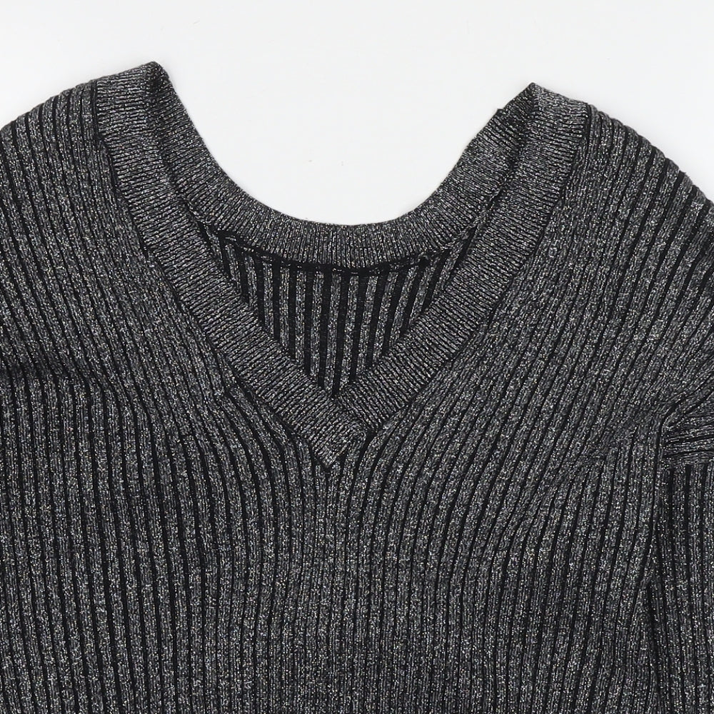 Topshop Womens Silver V-Neck Polyester Pullover Jumper Size 8 - Glitter Detail