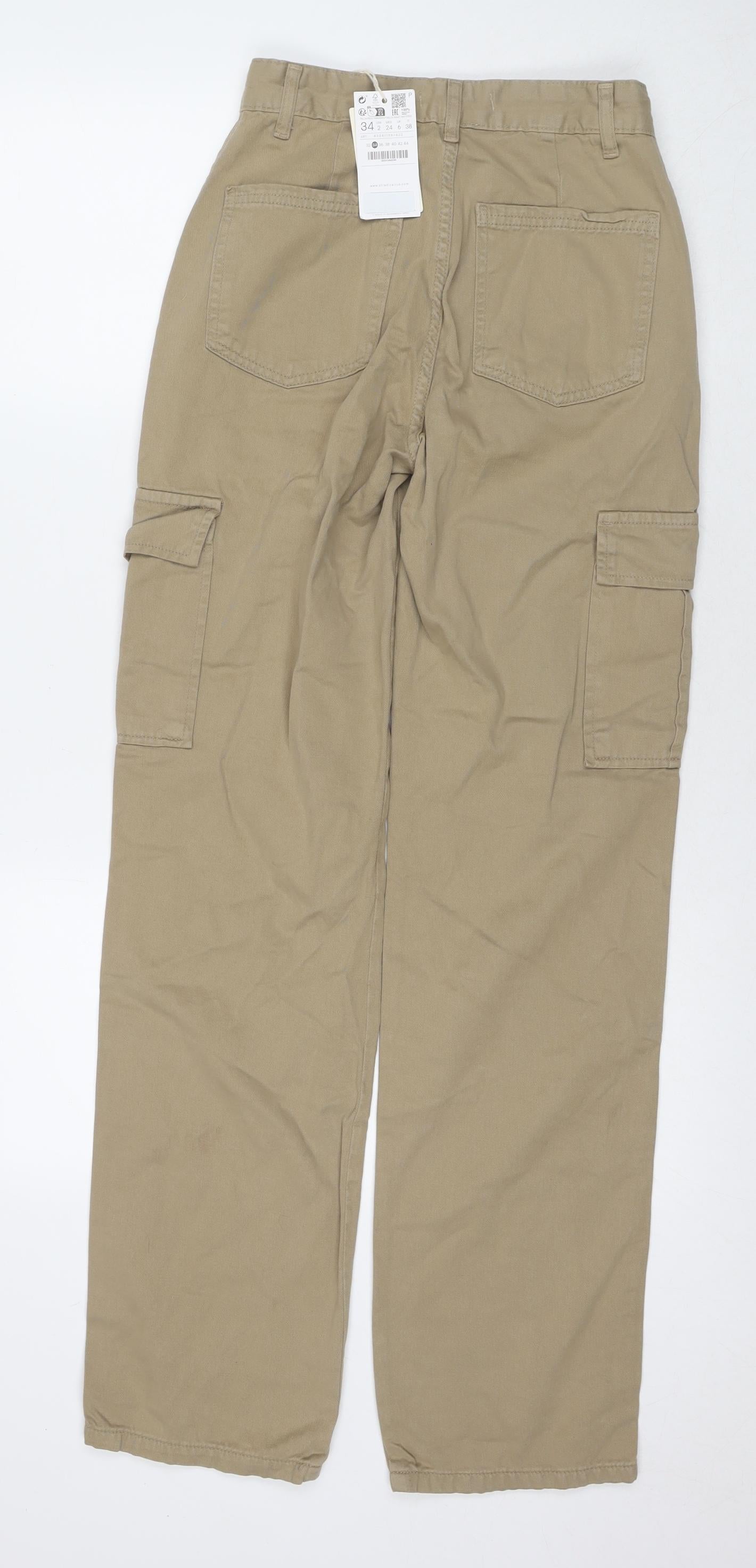 Stradivarius Womens Beige Cotton Cargo Trousers Size 6 L32 in Regular Zip