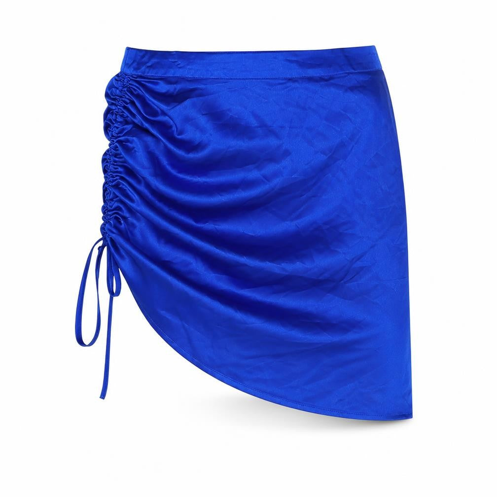 Front view of PRETTYLITTLETHING women’s blue polyester a-line skirt, size UK 10, zip
