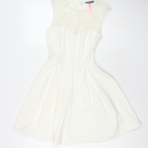 Lipsy Womens White Polyester Fit & Flare Size 8 Round Neck Zip - Lace Detail