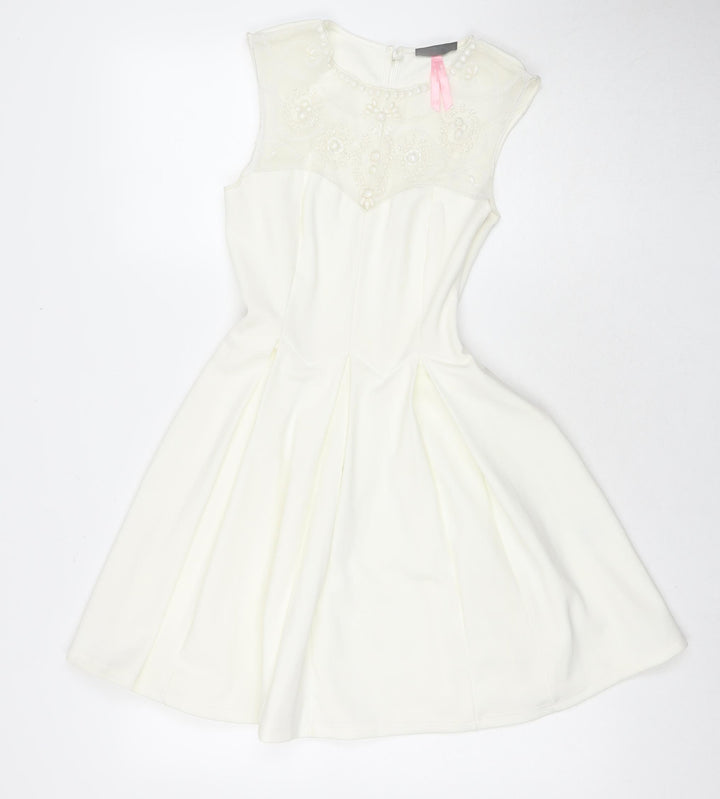 Lipsy Womens White Polyester Fit & Flare Size 8 Round Neck Zip - Lace Detail