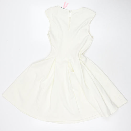 Lipsy Womens White Polyester Fit & Flare Size 8 Round Neck Zip - Lace Detail