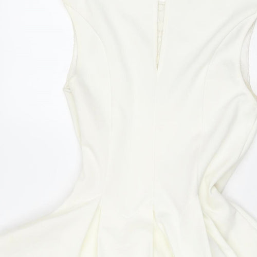 Lipsy Womens White Polyester Fit & Flare Size 8 Round Neck Zip - Lace Detail