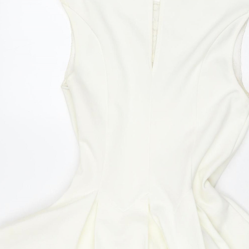 Lipsy Womens White Polyester Fit & Flare Size 8 Round Neck Zip - Lace Detail