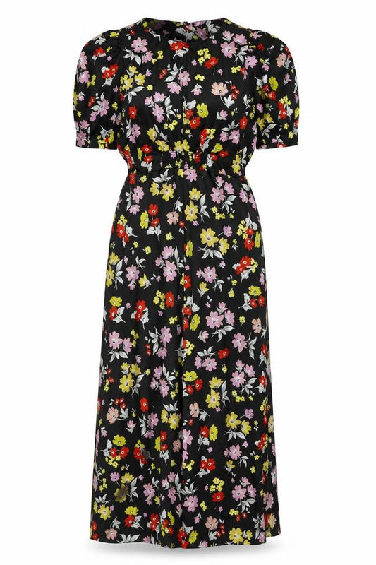 Front view of ASOS women’s black floral polyester maxi, size UK 10, round neck zip