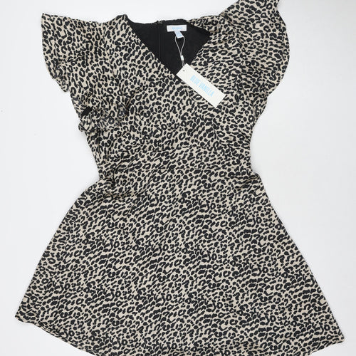 Blue Vanilla Womens Beige Animal Print Polyester Fit & Flare Size 14 V-Neck Zip