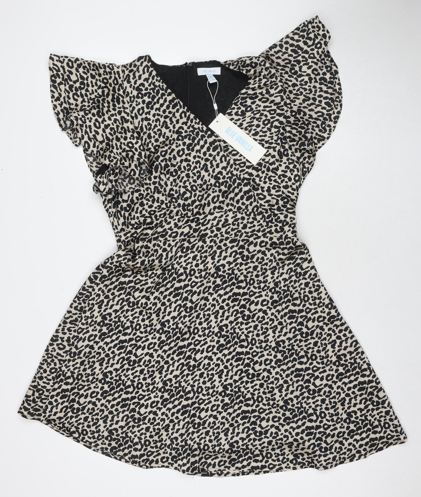 Blue Vanilla Womens Beige Animal Print Polyester Fit & Flare Size 14 V-Neck Zip