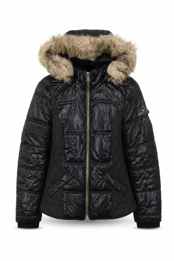 Front view of River Island women’s black quilted jacket, size UK 8, zip