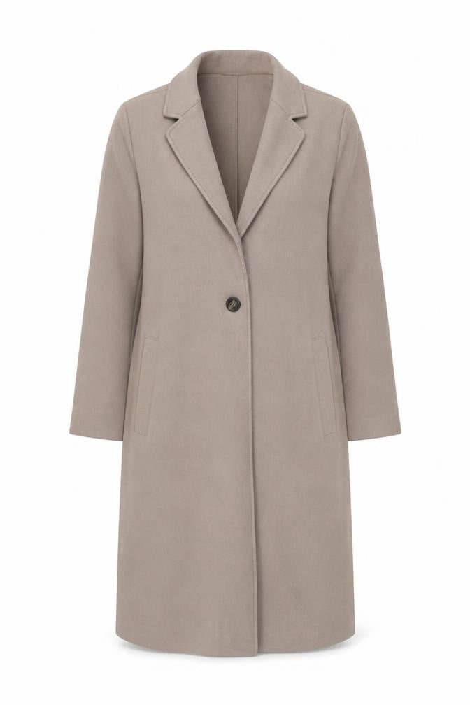 Front view of H&M women’s beige overcoat coat, size S, button