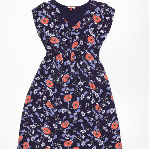 Joe Browns Womens Blue Floral Viscose A-Line Size 10 V-Neck Tie
