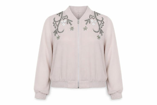 Front view of Very women’s pink floral jacket, size UK 12, zip