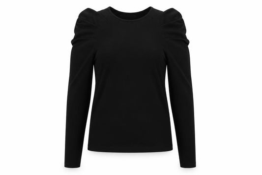 Front view of Vero Moda women’s black polyester basic t-shirt, size S, round neck - ruched sleeves