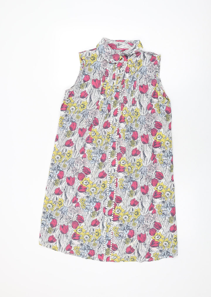 Heyton Womens White Floral Cotton Shift Size 8 Collared Button