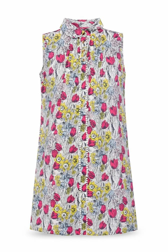 Front view of Heyton women’s white floral cotton shift, size UK 8, collared button