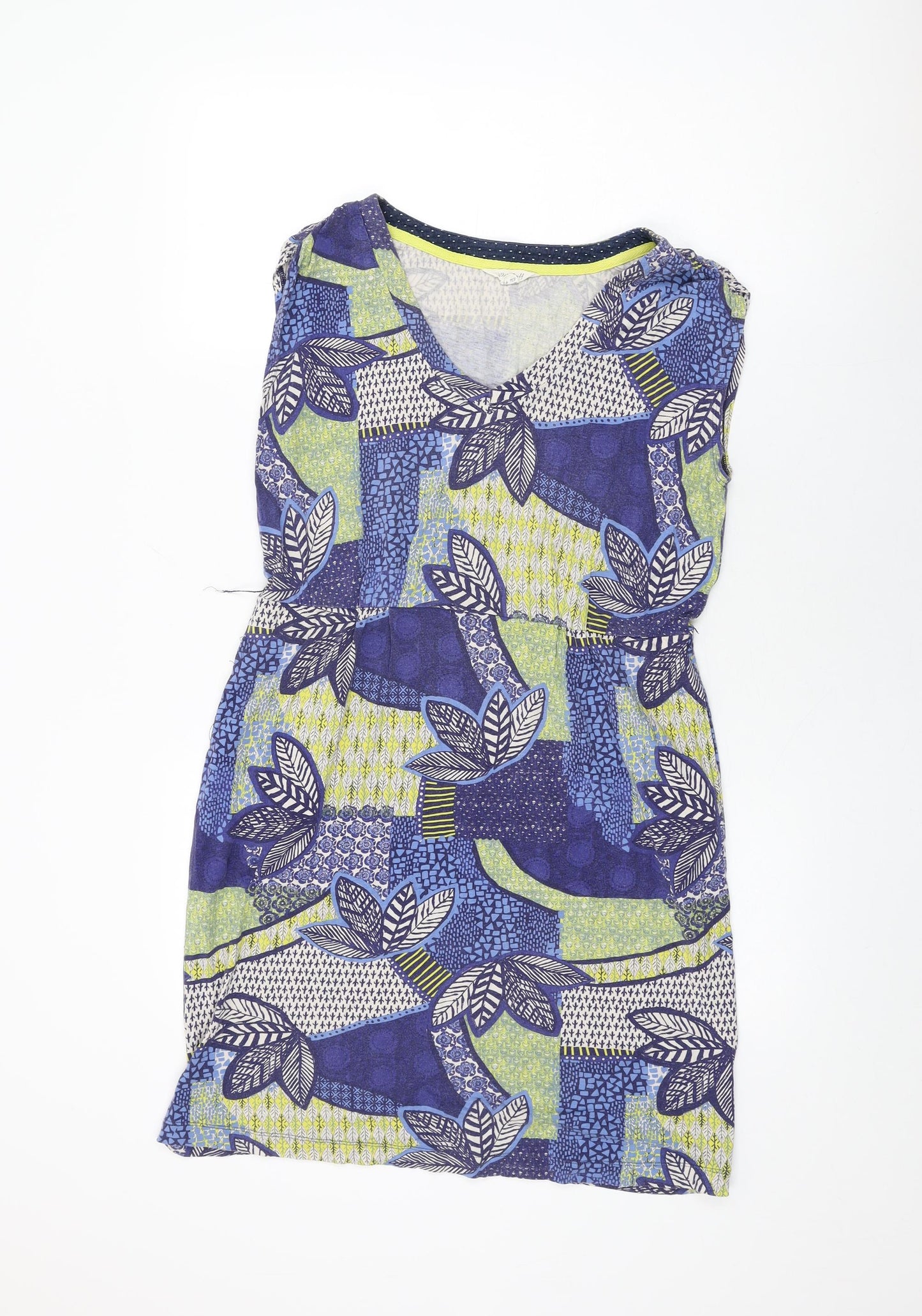 White Stuff Womens Blue Geometric Cotton Shift Size 12 V-Neck Pullover - Leaf Print