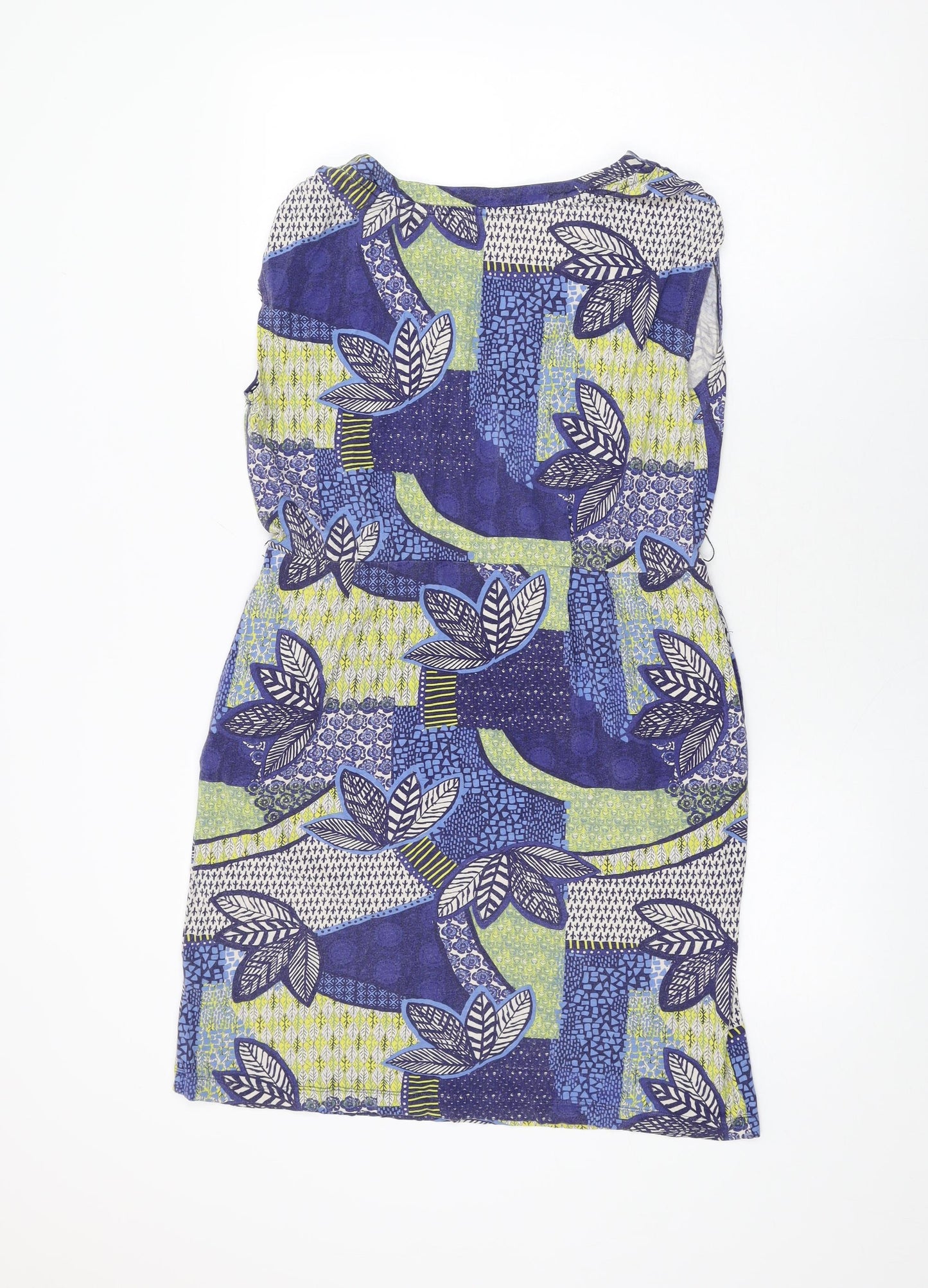 White Stuff Womens Blue Geometric Cotton Shift Size 12 V-Neck Pullover - Leaf Print