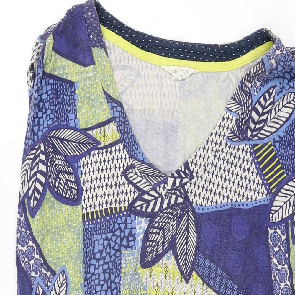 White Stuff Womens Blue Geometric Cotton Shift Size 12 V-Neck Pullover - Leaf Print