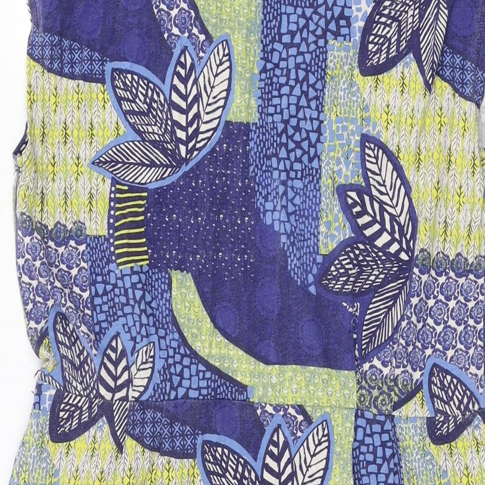 White Stuff Womens Blue Geometric Cotton Shift Size 12 V-Neck Pullover - Leaf Print