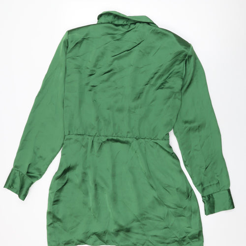 Zara Womens Green Polyester Wrap Dress Size M Collared Zip