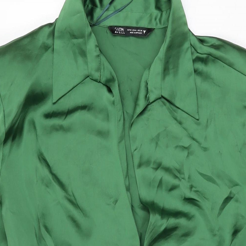 Zara Womens Green Polyester Wrap Dress Size M Collared Zip