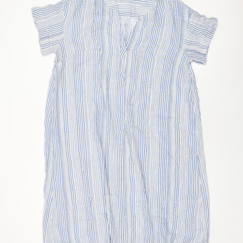 H&M Womens Blue Striped Cotton Shift Size 14 V-Neck Button