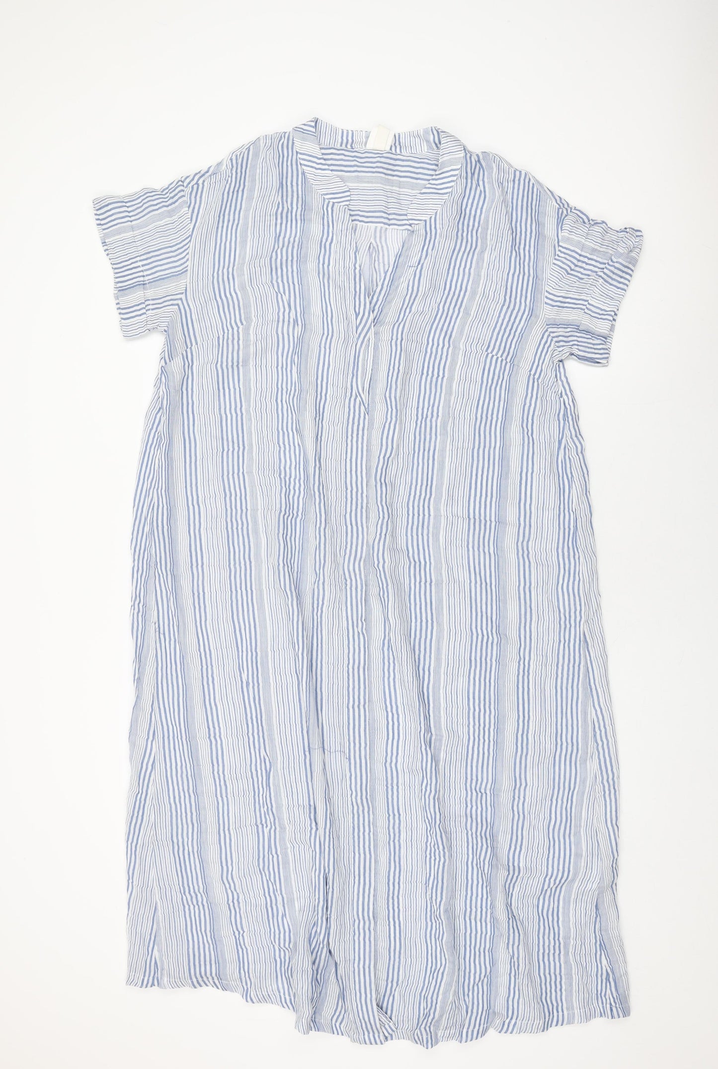 H&M Womens Blue Striped Cotton Shift Size 14 V-Neck Button