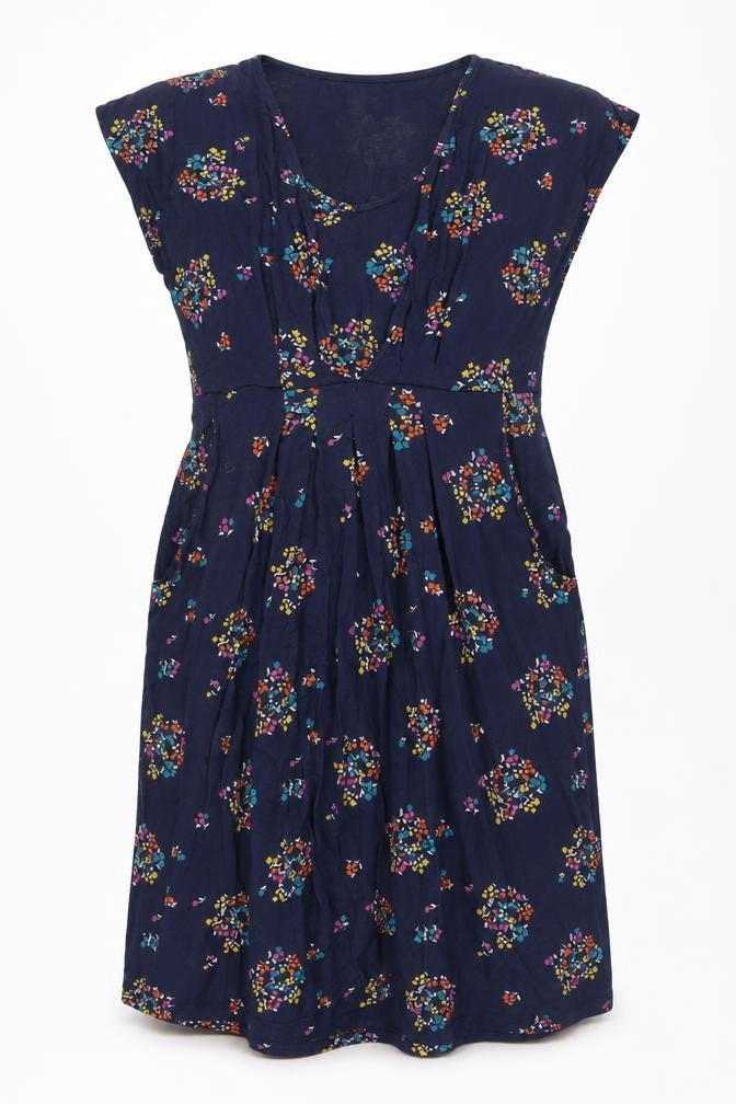 Front view of JoJo Maman Bébé women’s blue floral viscose shift, size M, round neck pullover