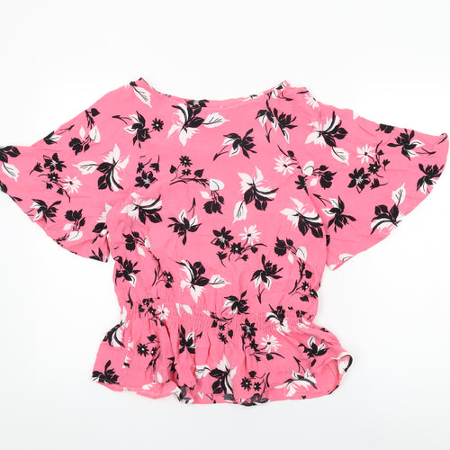 Marks and Spencer Womens Pink Floral Viscose Basic Blouse Size 8 Boat Neck