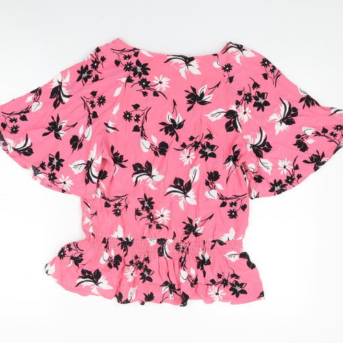 Marks and Spencer Womens Pink Floral Viscose Basic Blouse Size 8 Boat Neck