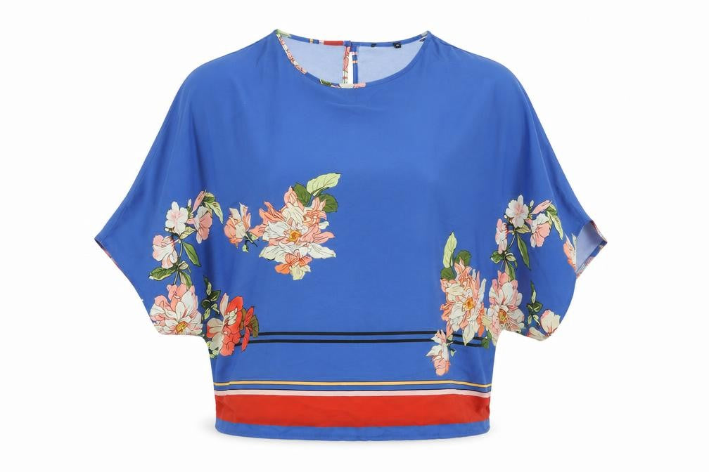 Front view of Quiz women’s blue floral polyester basic blouse, size M, round neck -, size M/l
