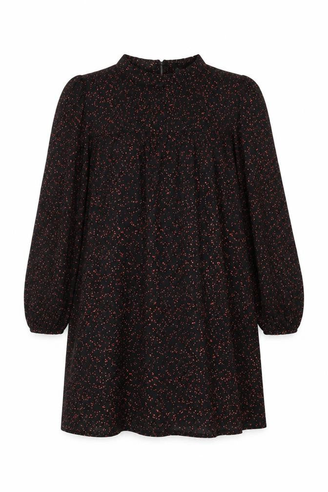 Front view of Compania Fantastica women’s black polka dot polyester shift, size S, round neck button