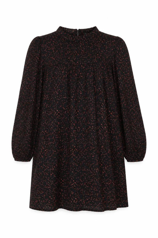 Front view of Compania Fantastica women’s black polka dot polyester shift, size S, round neck button