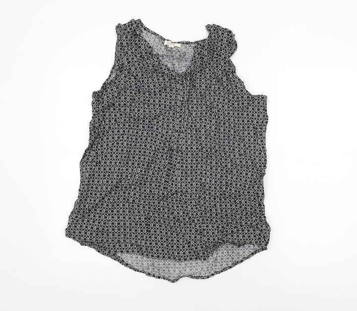 Grand & Greene Womens Black Geometric Viscose Basic T-Shirt Size M V-Neck