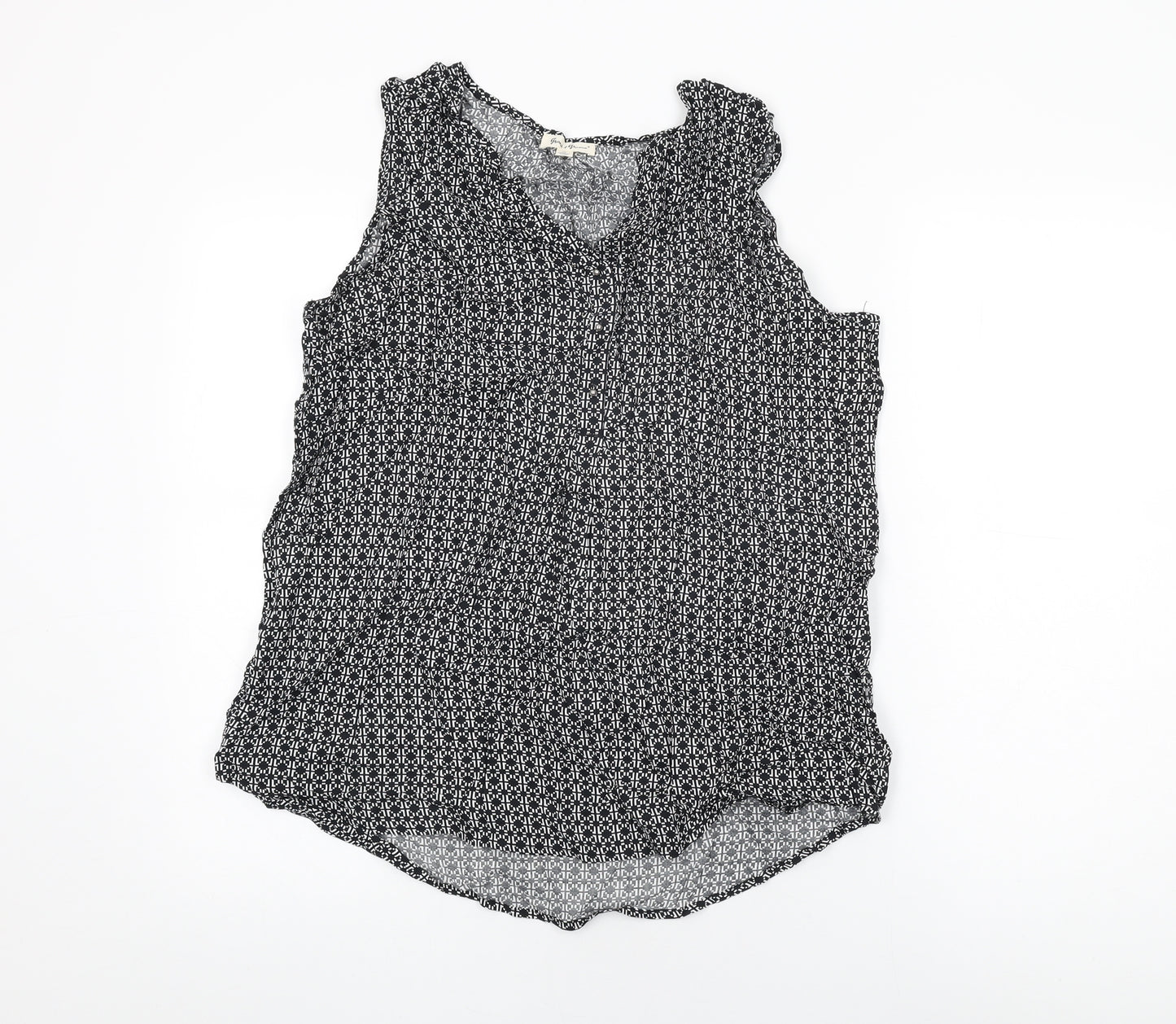 Grand & Greene Womens Black Geometric Viscose Basic T-Shirt Size M V-Neck