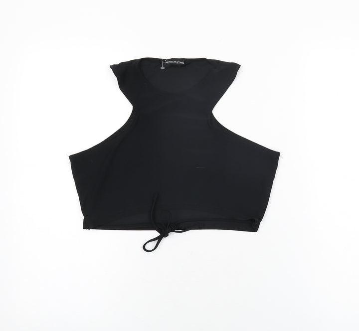 PRETTYLITTLETHING Womens Black Polyester Cropped T-Shirt Size 12 Round Neck