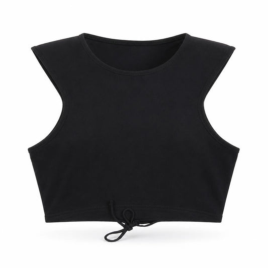 Front view of PRETTYLITTLETHING women’s black polyester cropped t-shirt, size UK 12, round neck