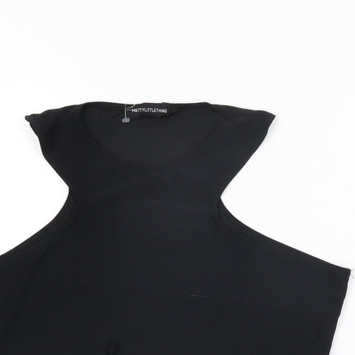 PRETTYLITTLETHING Womens Black Polyester Cropped T-Shirt Size 12 Round Neck