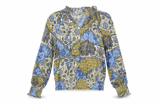 Front view of LASCANA women’s multicoloured geometric viscose basic blouse, size UK 12, v-neck