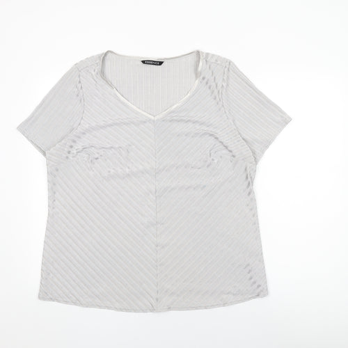 essence Womens Grey Striped Polyester Basic T-Shirt Size 20 V-Neck