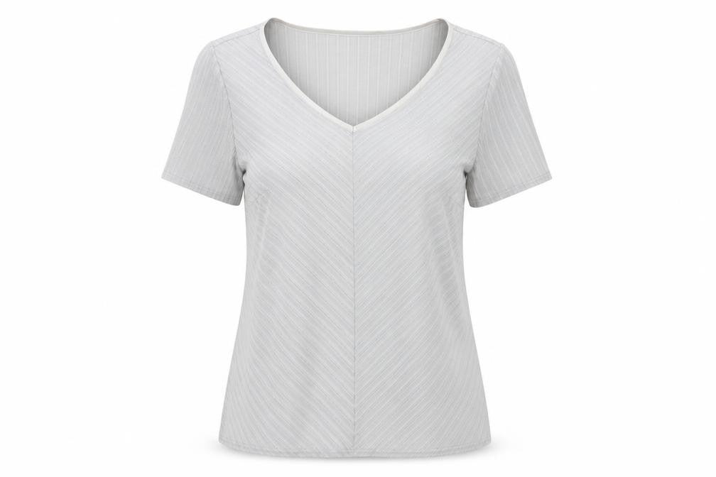 Front view of Essence women’s grey striped polyester basic t-shirt, size UK 20, v-neck
