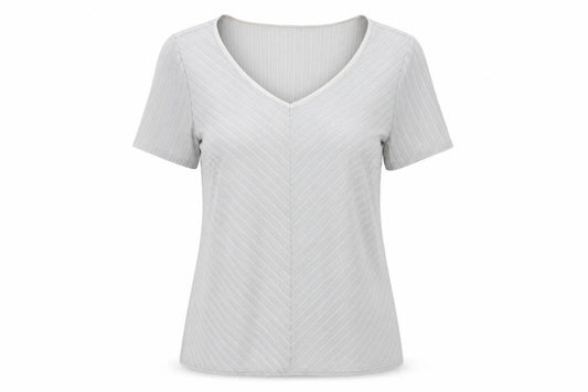 Front view of Essence women’s grey striped polyester basic t-shirt, size UK 20, v-neck