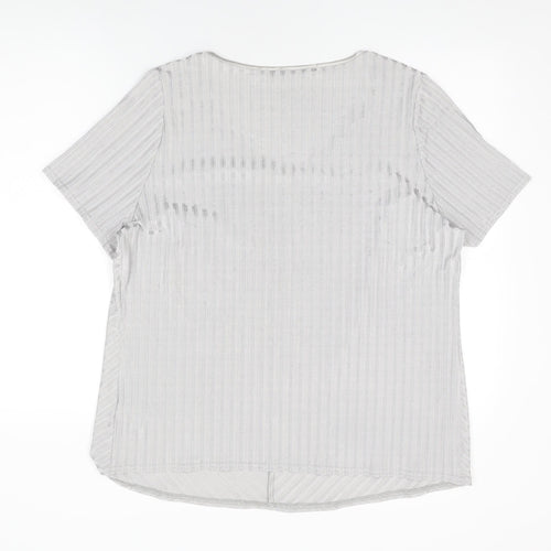 essence Womens Grey Striped Polyester Basic T-Shirt Size 20 V-Neck