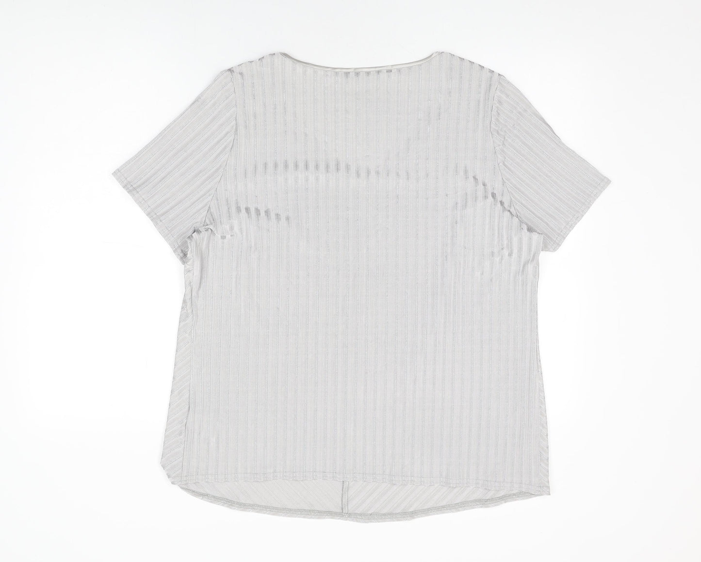 essence Womens Grey Striped Polyester Basic T-Shirt Size 20 V-Neck