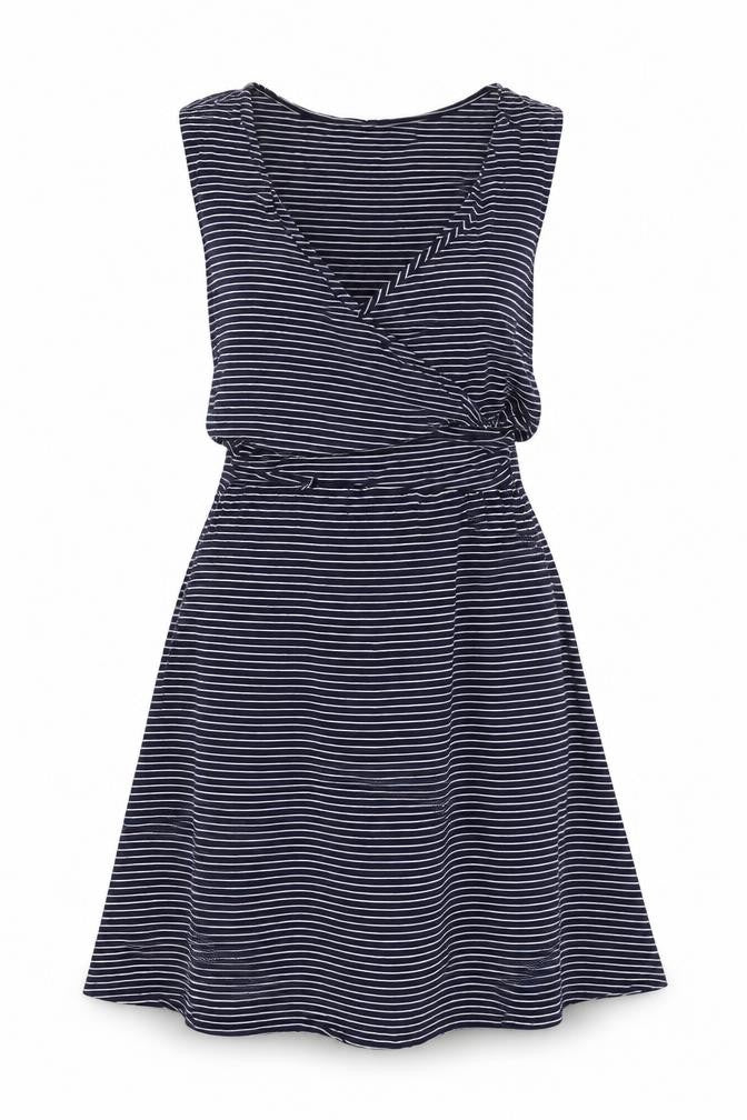 Front view of Gap women’s blue striped viscose a-line, size L, v-neck pullover